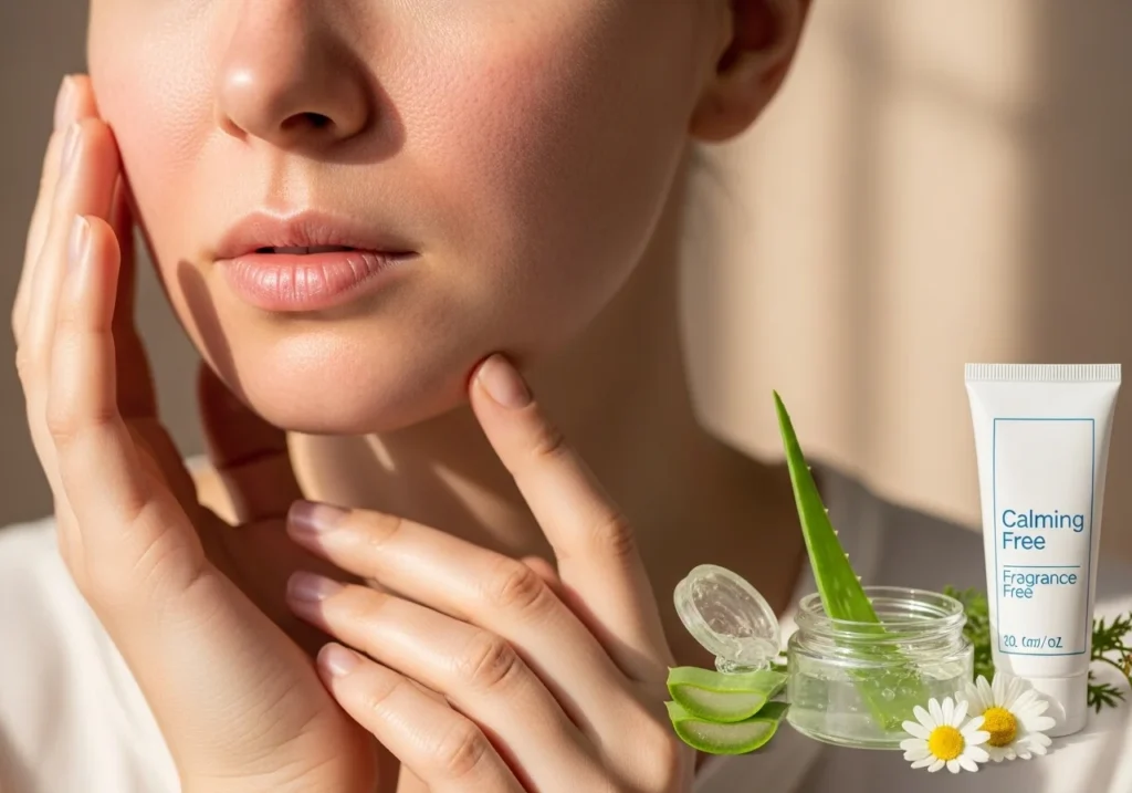 Close-up of sensitive skin showing slight redness and dryness, with gentle skincare products like aloe vera and calming creams nearby.