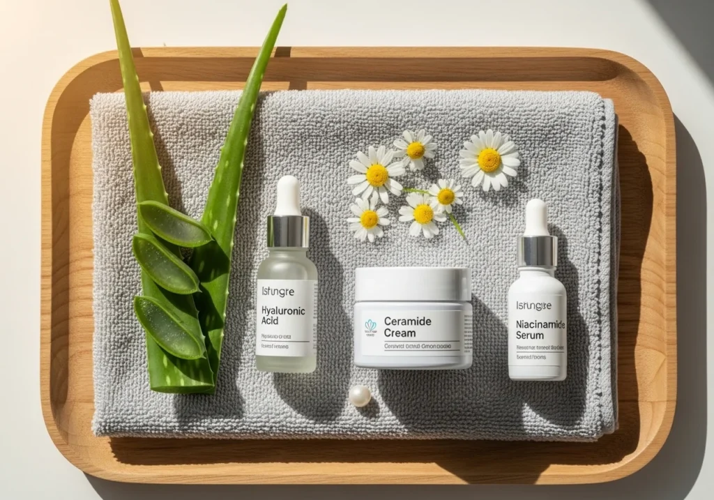 Flatlay of sensitive skin skincare ingredients including aloe vera, chamomile, hyaluronic acid, ceramides, and niacinamide, arranged neatly with soft lighting for a soothing visual.