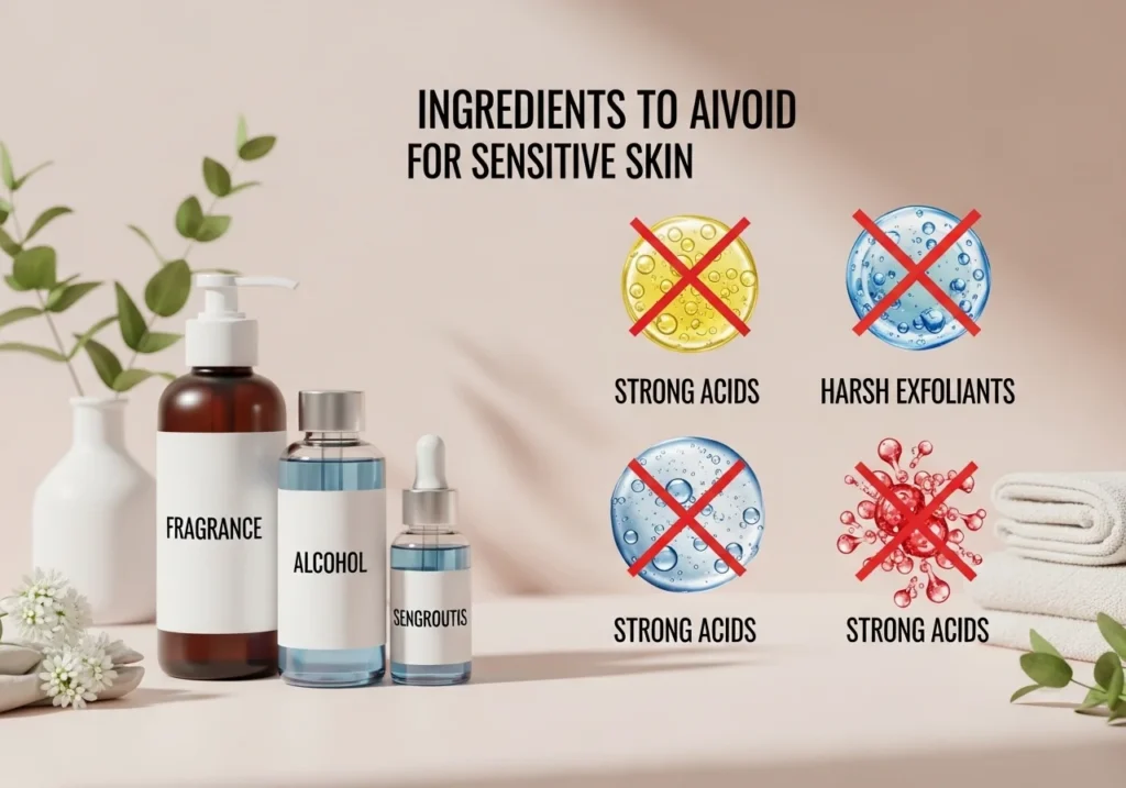 Visual representation of skincare ingredients to avoid for sensitive skin, including fragrance, alcohol, harsh exfoliants, and strong acids, with warning symbols and soft neutral background.