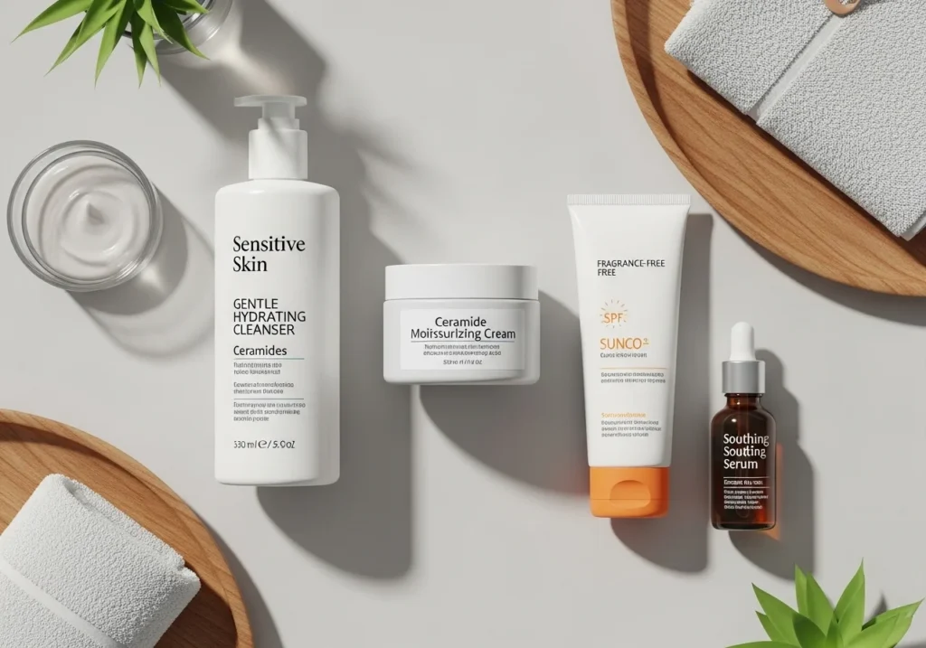 Flatlay of sensitive skin products including gentle cleanser, hydrating moisturizer, SPF sunscreen, and soothing serum, arranged neatly with soft lighting for a calming visual.