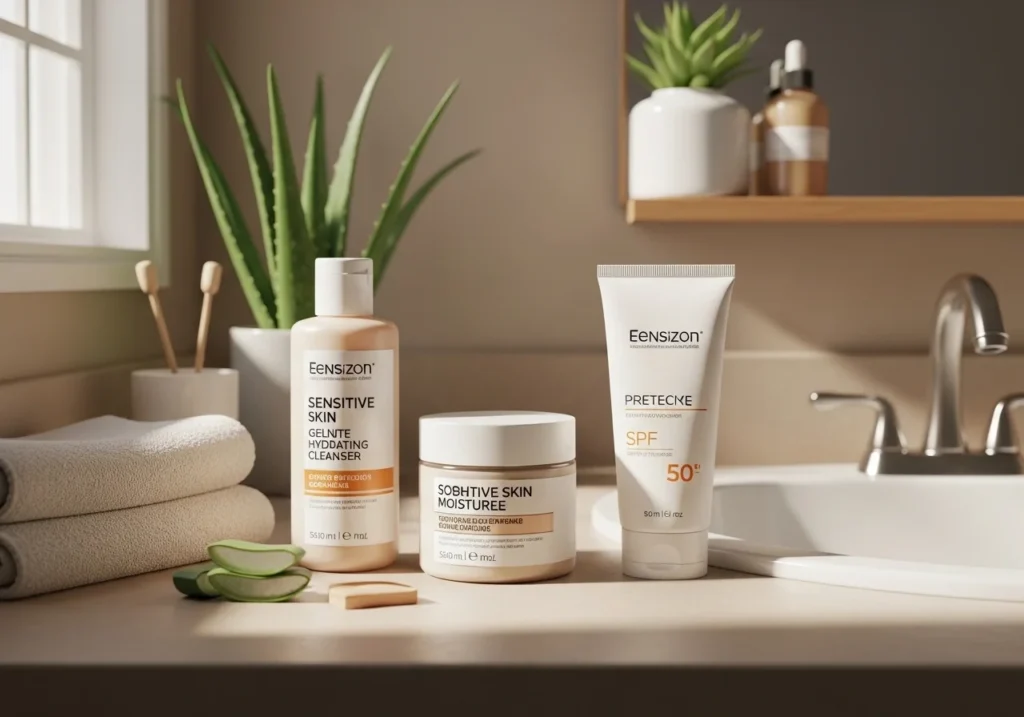 Morning skincare routine for sensitive skin with gentle cleanser, hydrating moisturizer, and SPF sunscreen arranged neatly with soft natural light and calming props.