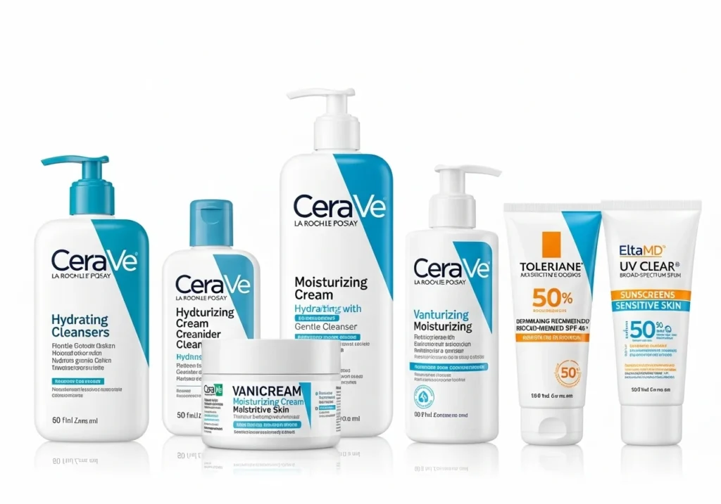 Evening skincare routine for sensitive skin with gentle cleanser, hydrating serum, and soothing moisturizer on a softly lit counter with calming décor elements.