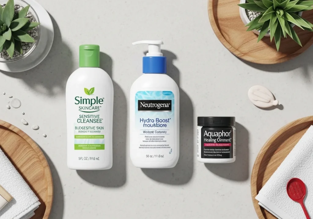 Flatlay of budget-friendly sensitive skin products including Simple Skincare, Neutrogena Hydro Boost, and Aquaphor Healing Ointment, arranged neatly with soft lighting and calming props.
