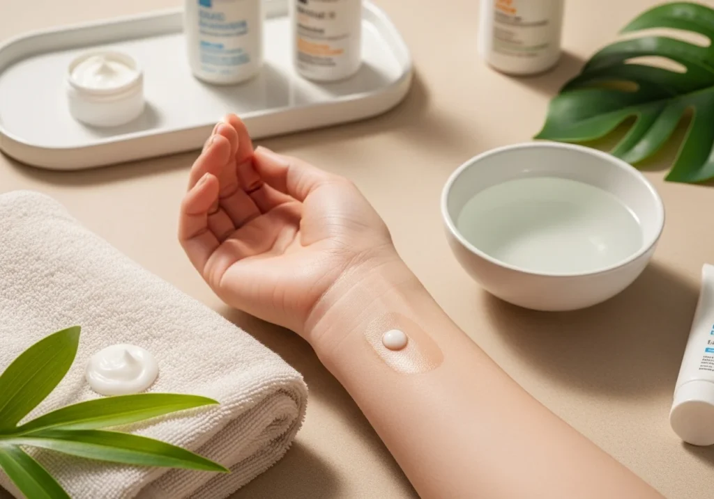 Lifestyle setup illustrating pro tips for sensitive skin with a patch test, lukewarm water, soft towel, and gentle skincare products in a calming environment.