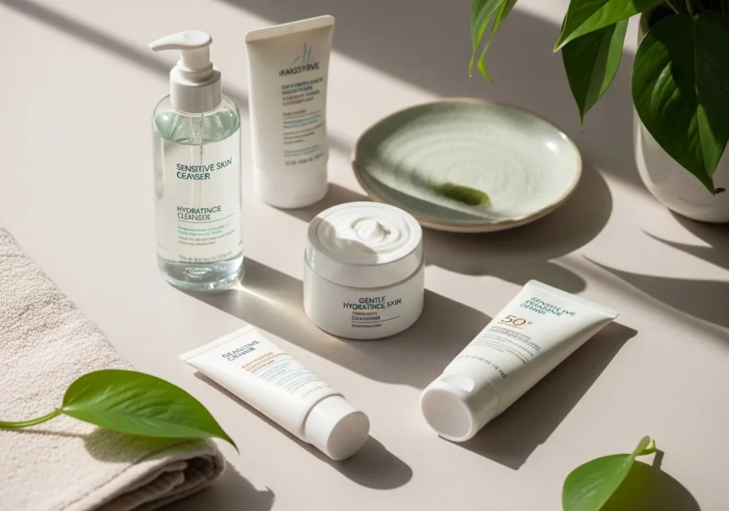 Gentle sensitive skin care products arranged on a soft neutral surface with calming props and natural sunlight, representing healthy and irritation-free skincare.