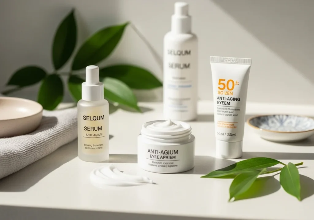 Anti-aging skincare products including serum, moisturizer, eye cream, and sunscreen arranged elegantly on a clean countertop with soft natural light and calming props, representing a luxurious routine for youthful skin.