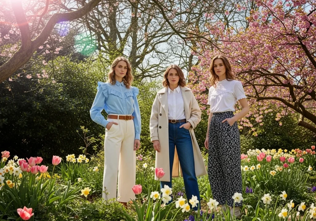 Women wearing casual spring outfits with light layers and pastel colors, enjoying a sunny spring day, showcasing comfortable and stylish everyday fashion.