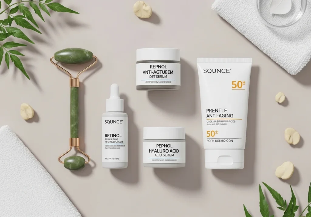Flatlay of anti-aging skincare essentials including retinol serum, peptide cream, hyaluronic acid serum, and sunscreen arranged on a neutral surface with soft natural lighting and minimal props.