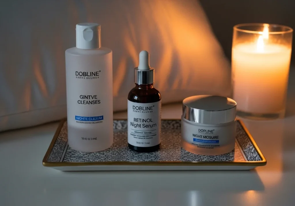 Flatlay of nighttime anti-aging skincare products including a cleanser, retinol serum, night moisturizer, and eye cream arranged on a softly lit background with a warm nighttime feel.