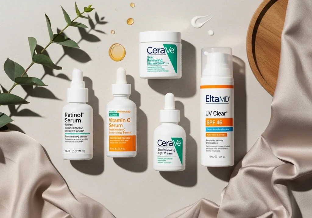 “Flatlay of anti-aging skincare products such as retinol serum, Vitamin C serum, hyaluronic acid serum, CeraVe night cream, and EltaMD sunscreen arranged on a neutral background with soft lighting.”