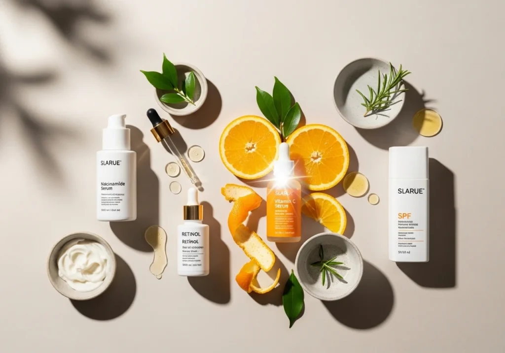 “Flatlay of anti-aging skincare ingredients including retinol, Vitamin C serum, hyaluronic acid, niacinamide, and an SPF bottle arranged on a neutral background.”
