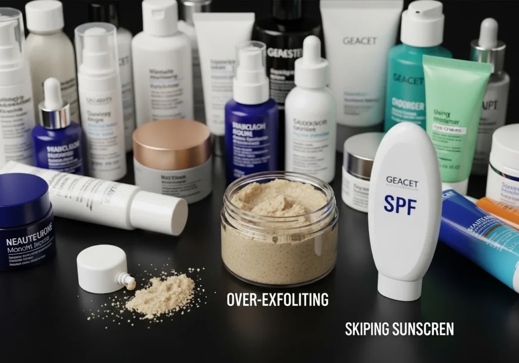 Flatlay showing common anti-aging skincare mistakes including over-exfoliating scrub, unused sunscreen, and cluttered skincare products on a neutral background.