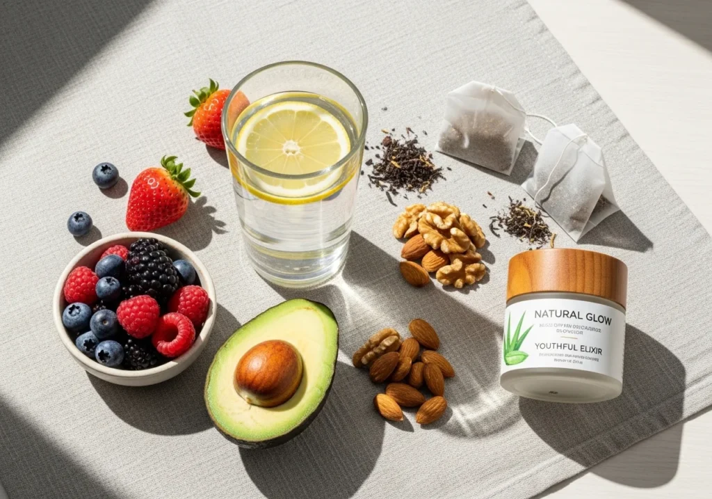 “Flatlay of natural anti-aging skincare tips showing a glass of water, antioxidant-rich fruits, herbal tea, and natural skincare jar on a light background.”