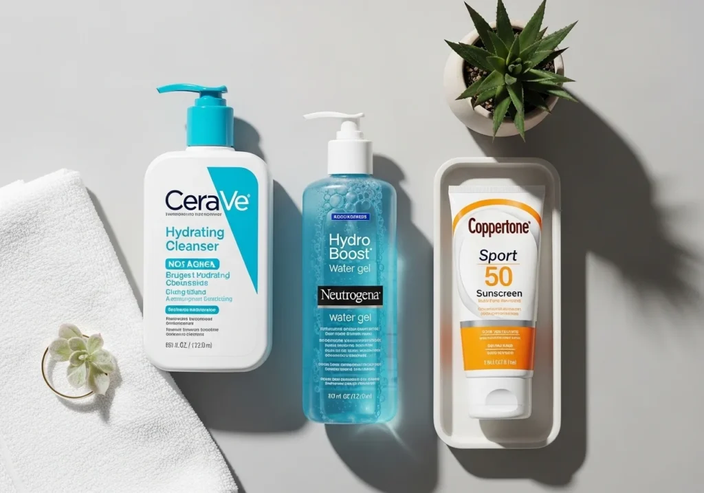 Flatlay of budget-friendly anti-aging skincare products: CeraVe Hydrating Cleanser, Neutrogena Hydro Boost Water Gel, and Coppertone Sport Sunscreen SPF 50 on a neutral background with soft natural lighting.