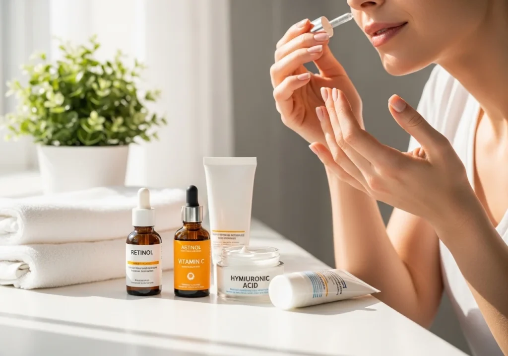Woman applying anti-aging serum at home, surrounded by retinol, Vitamin C, hyaluronic acid moisturizer, and sunscreen, showcasing a simple and effective skincare routine for youthful skin.
