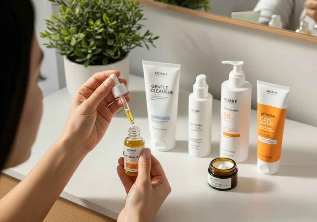 Hands applying Vitamin C serum to the face on a vanity with beginner-friendly anti-aging products including cleanser, moisturizer, sunscreen, and eye cream, surrounded by soft natural lighting and minimal decor.
