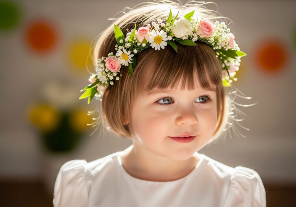 Easter hairstyle for girls with short hair — floral headband look