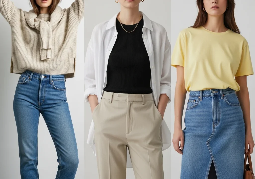 Pro tips for casual spring outfits including mixing textures, balancing proportions, keeping colors simple, and adding pops of color, styled in a bright and stylish spring setting.