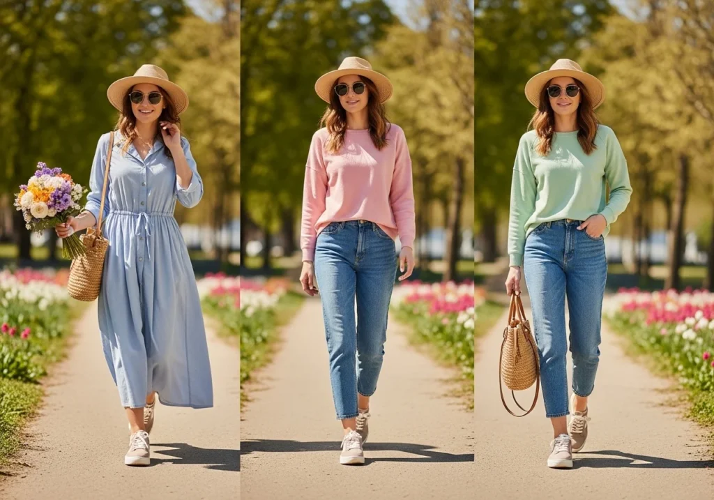 Women in casual spring outfits, like light dresses and jeans with pastel tops, enjoying a sunny day outdoors, showcasing comfortable and stylish looks for daily wear..