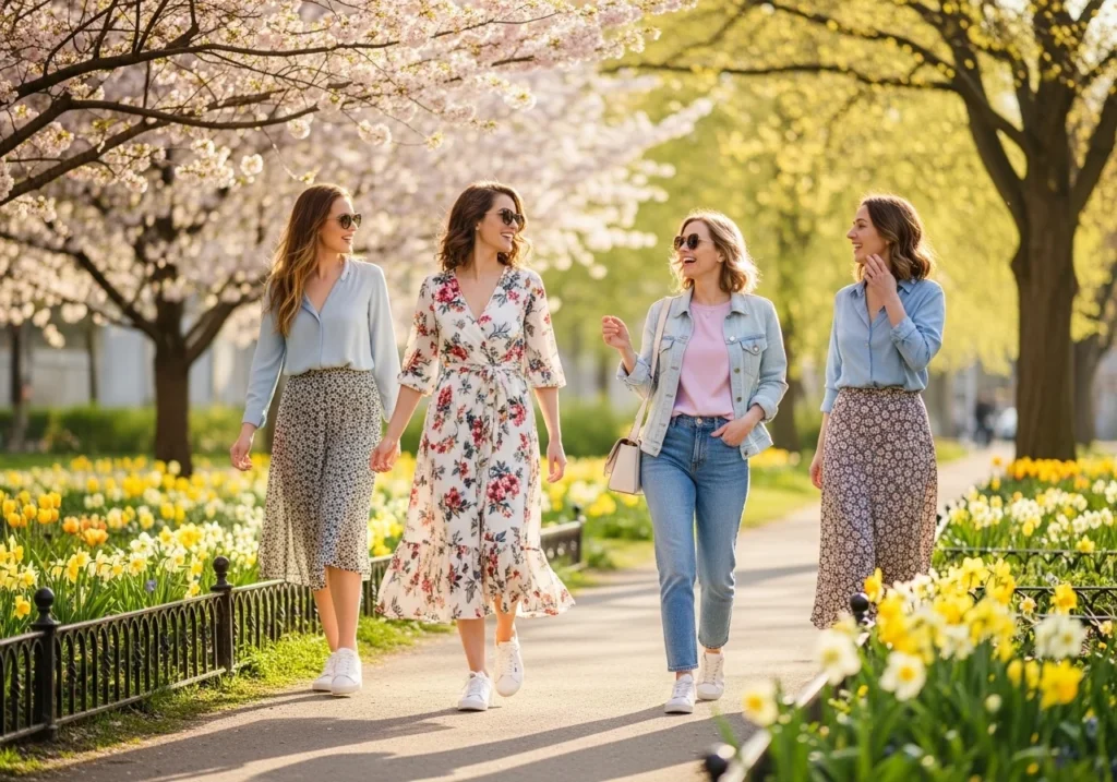 Women wearing casual and stylish spring outfits, including dresses, jackets, and jeans, enjoying a sunny day outdoors among flowers and greenery.