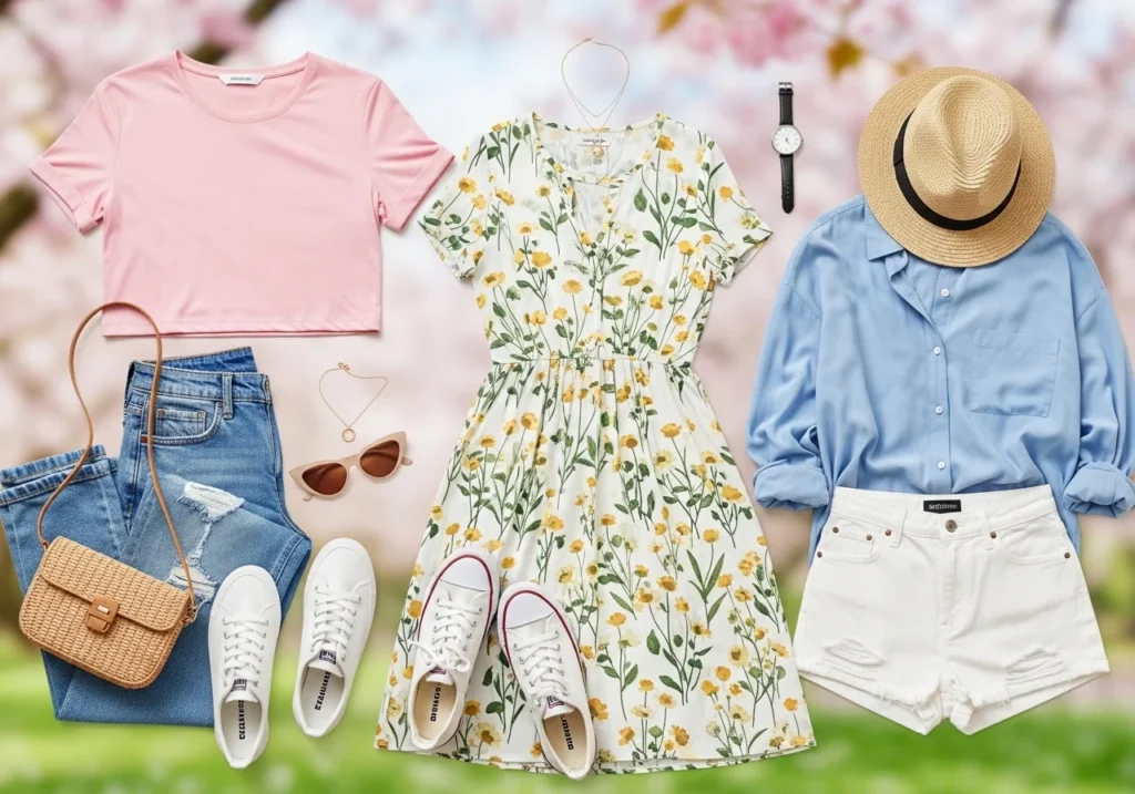 Casual spring outfit ideas including jeans with crop tops, floral dresses with sneakers, and oversized shirts with shorts, styled for a cute and comfortable spring look.