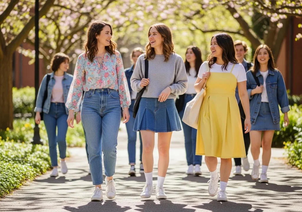 Casual spring outfits for school or college, including jeans with blouses, sweatshirts with skirts, and simple dresses with sneakers, styled for comfort and everyday campus wear.