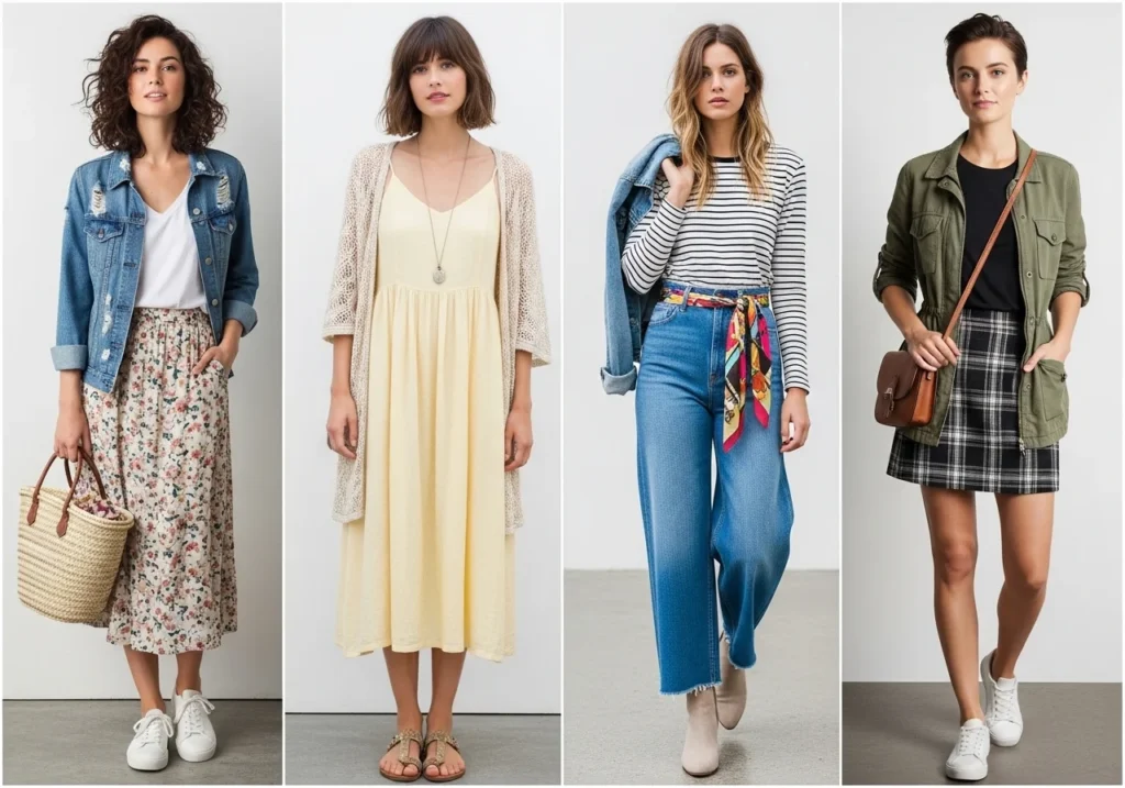 Affordable casual spring outfits including plain tees, denim jackets, skirts, thrifted dresses, and layering pieces, styled for trendy yet budget-friendly spring fashion.