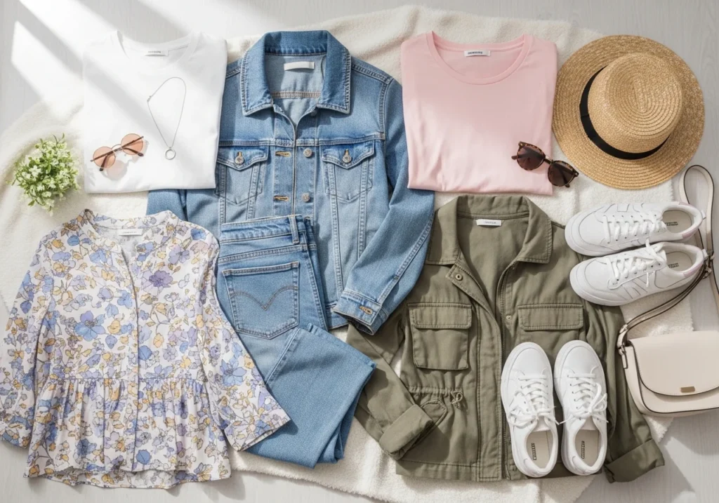Must-have spring wardrobe essentials including denim jeans, light jackets, sneakers, and basic tops, styled in soft pastel colors for a trendy and comfortable spring look.