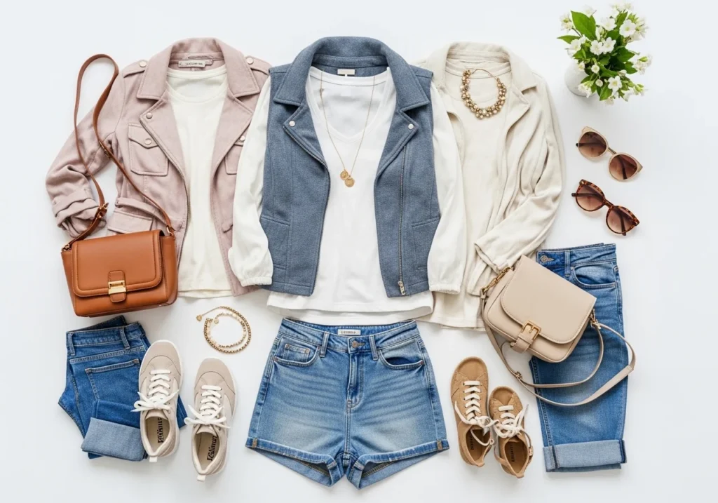 "Step-by-step casual spring outfit styling,including basics, layered jackets, comfortable shoes, and accessories like bags and sunglasses, for a trendy and effortless spring look.