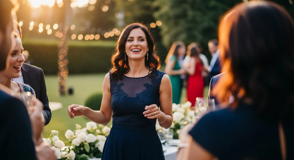 Confident female guest in stylish dress socializing at a garden wedding reception.
