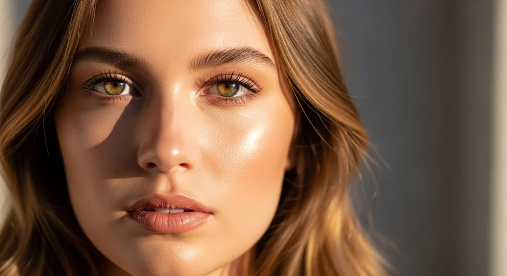 Natural nude makeup look for everyday glow.