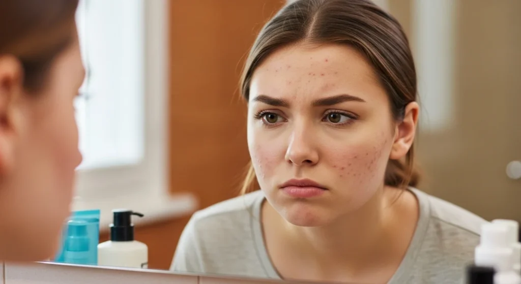 Frustrated woman looking at acne skin in the mirror.