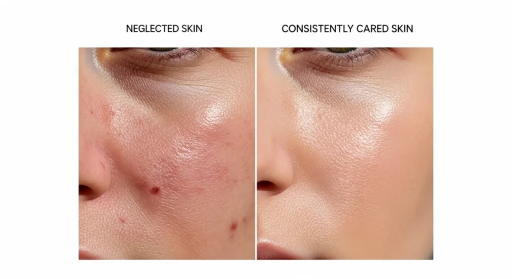 Comparison visual of uneven acne skin versus smooth, healthy, cared-for skin.