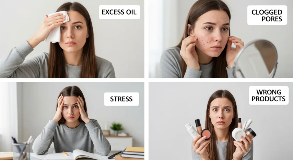 Four-panel collage featuring a girl showing different causes of acne breakouts.
