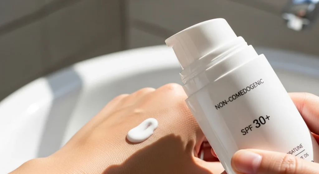 Focused close-up of non-comedogenic sunscreen SPF 30+.