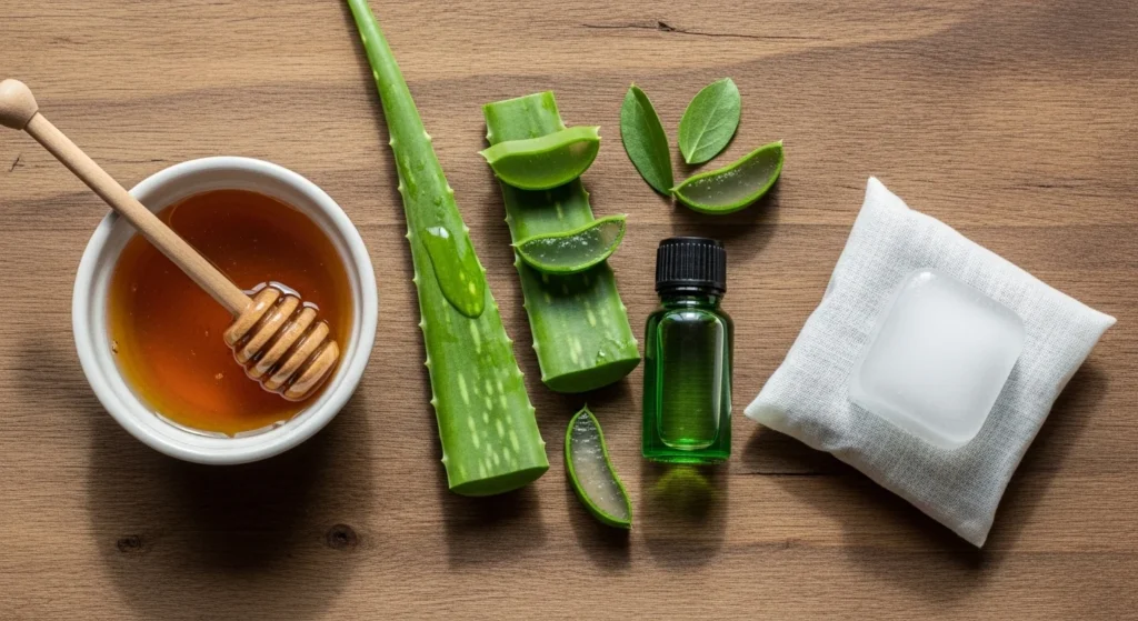 Arrangement of natural healing ingredients like honey and aloe.