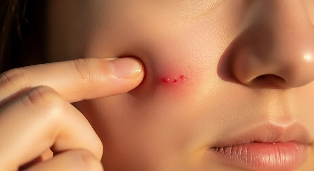 Focused close-up of a hand picking at an acne blemish.