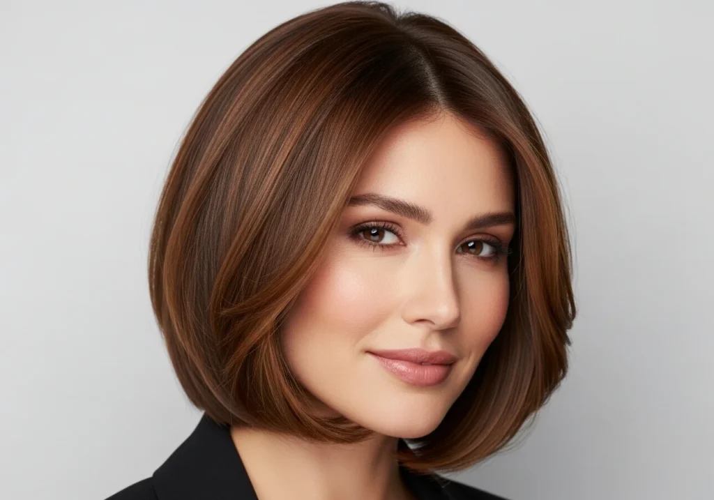 Woman with a round face wearing a longer layered bob, styled to elongate the face and create a flattering look.