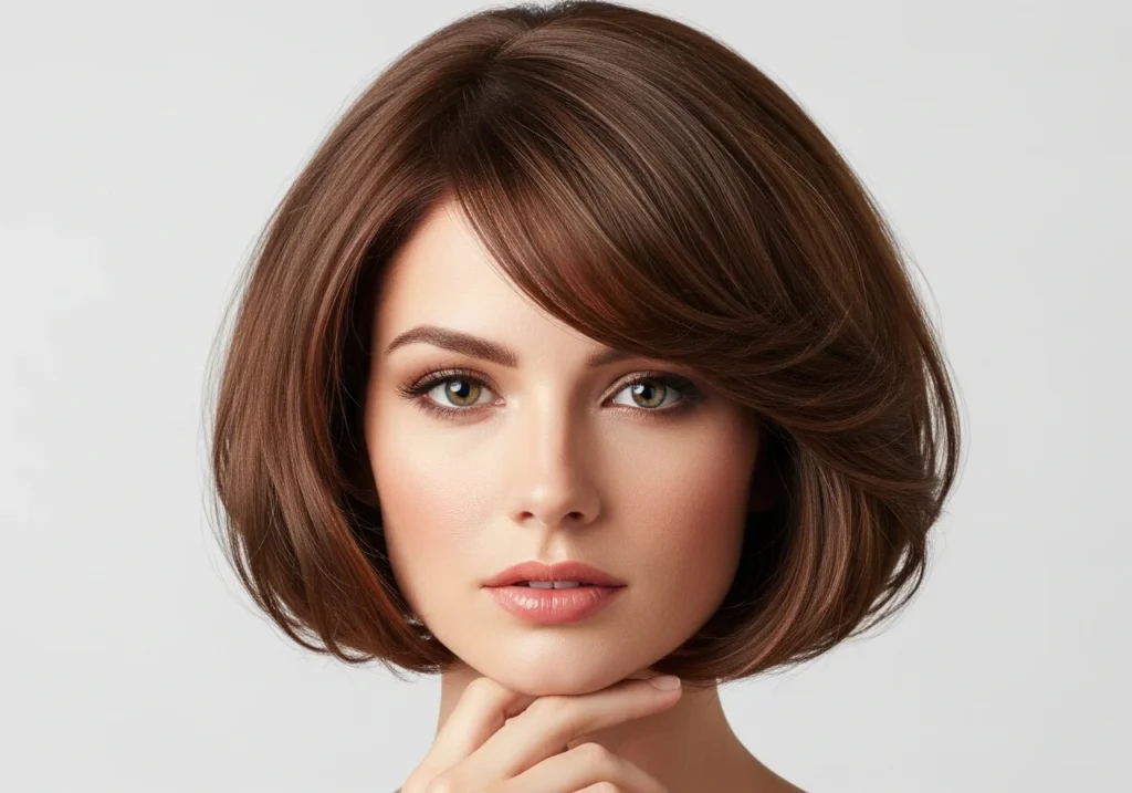 Woman with a heart-shaped face wearing a chin-length bob with soft curls and side bangs, showcasing a hairstyle that accentuates facial features.