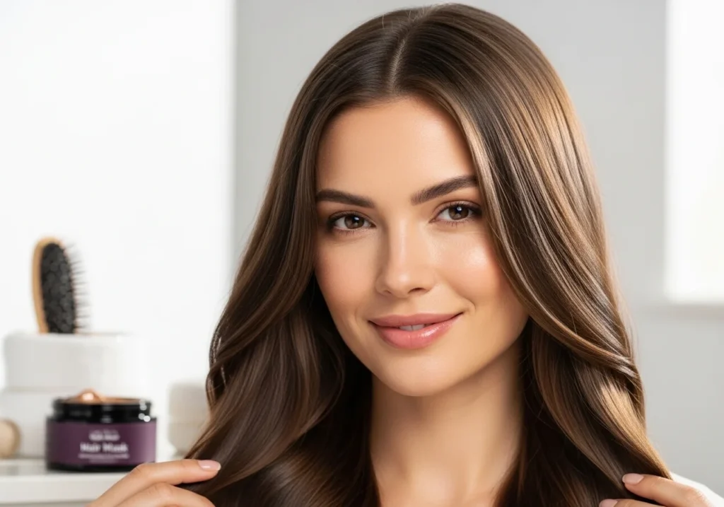Woman with shiny, healthy hair, showcasing well-nourished locks and hair care routine tips.