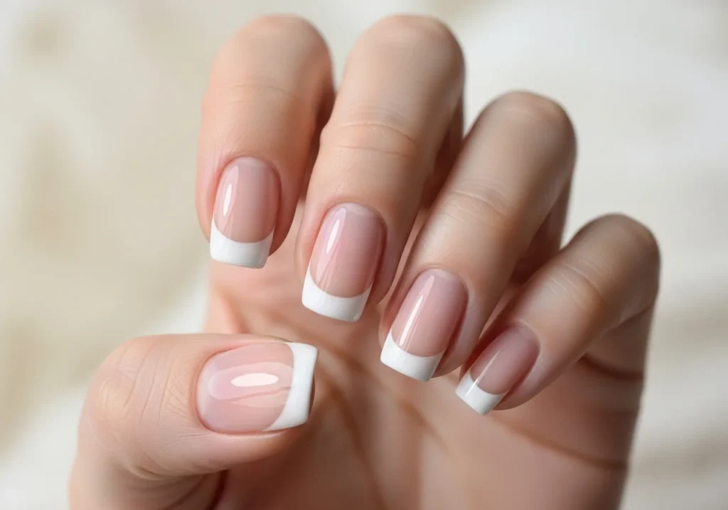 Classic French nails with clean white tips and sheer pink base, close-up with glossy finish.
