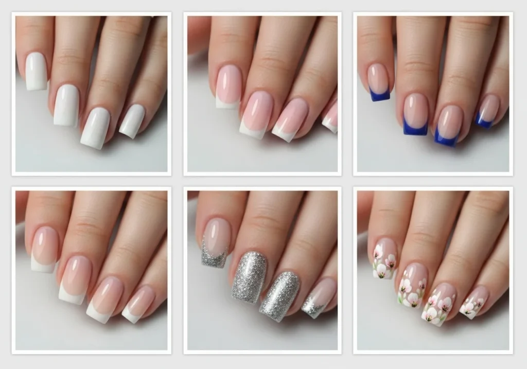 French nail designs collage showing classic, colored tips, reverse, ombre, glitter, and floral variations.