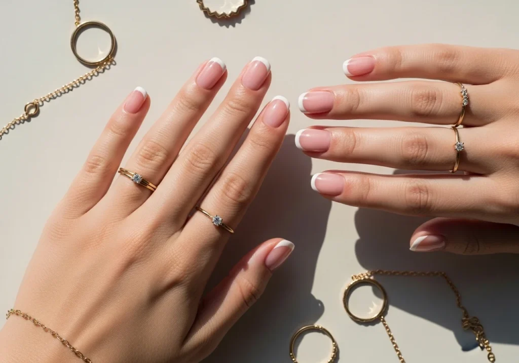 French nails for short nails with thin white tips on natural pink base, styled flat lay with feminine accessories