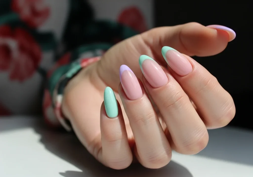 Modern French tip nail designs with pastel lilac and mint colored tips on a neutral pink base.