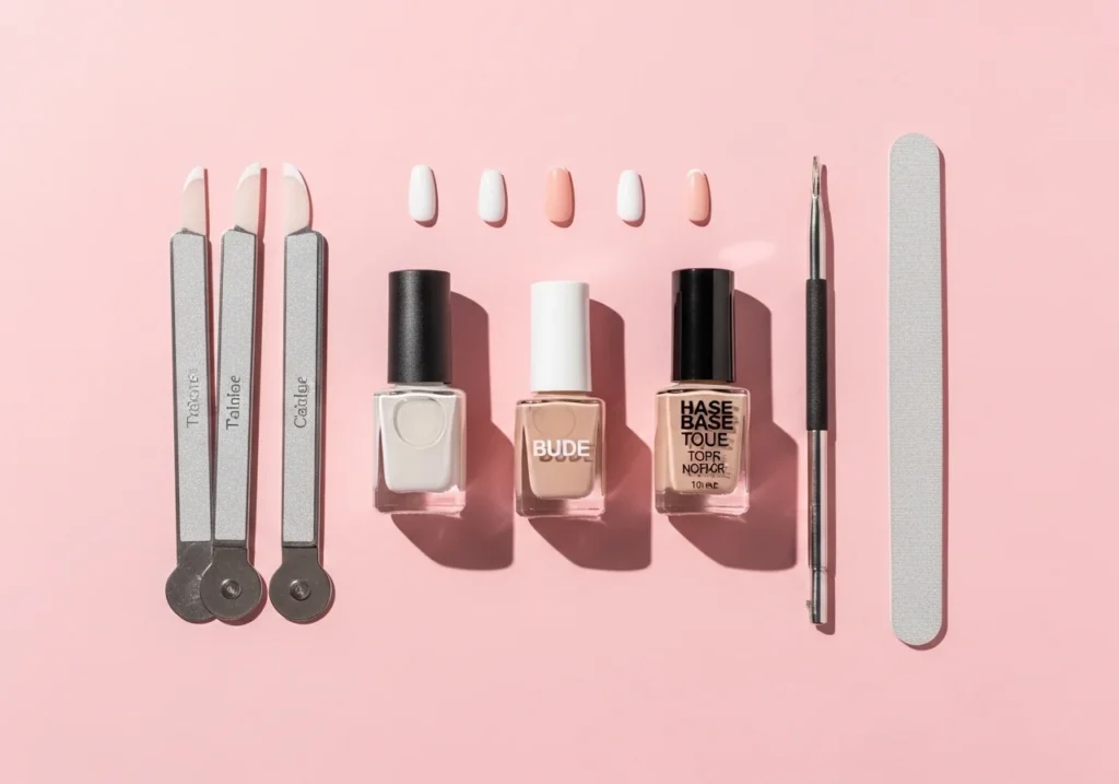 How to do French nails at home with French tip guides, white polish, nude base, and top coat tools flat lay.