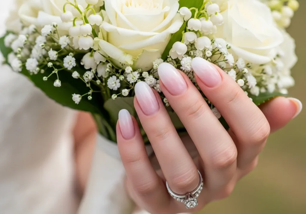 French ombre nails baby boomer gradient bridal manicure on a bride holding a white flower bouquet.