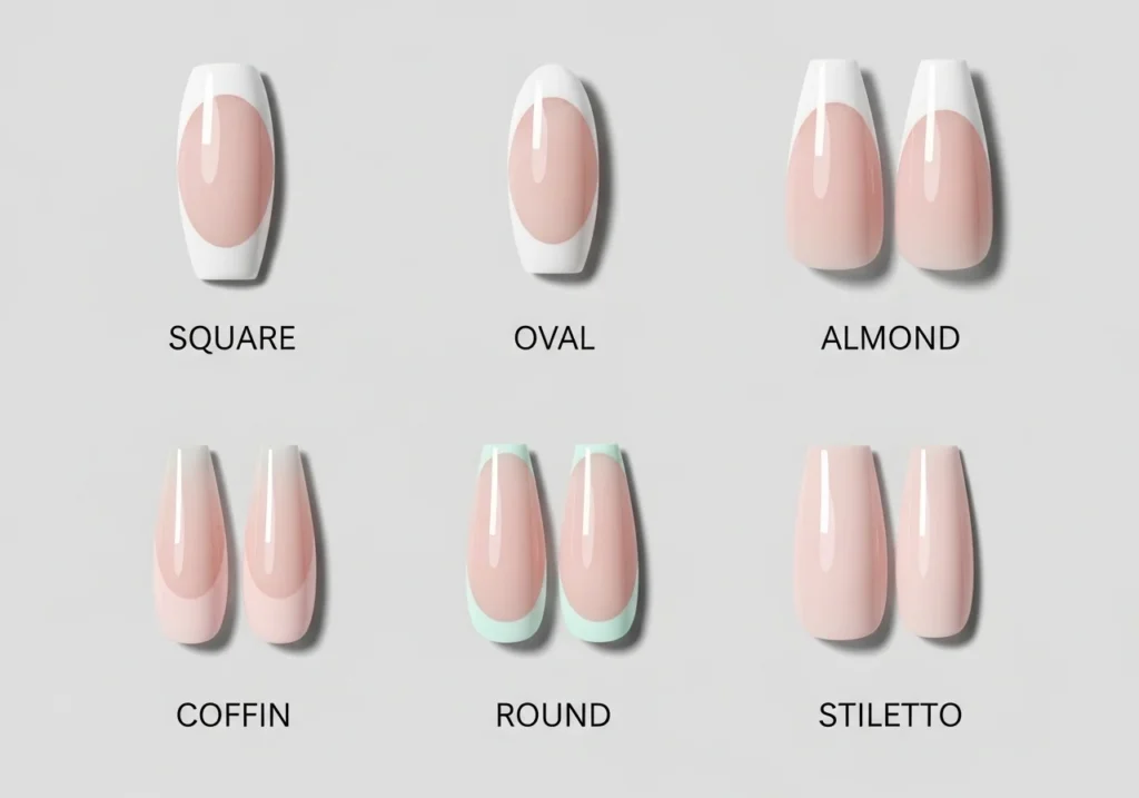 Best nail shapes for French nails showing square, oval, almond, coffin, round, and stiletto with classic or colored tips.