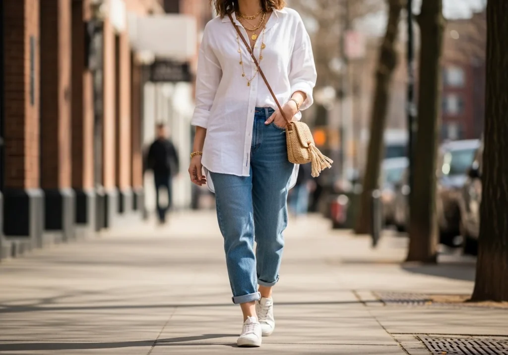 Casual boho outfits with linen shirt, mom jeans, and white sneakers.