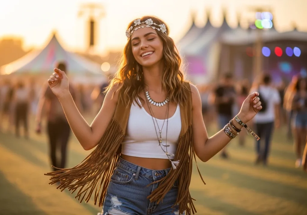 Boho festival outfits with fringe vest and crop top for women.