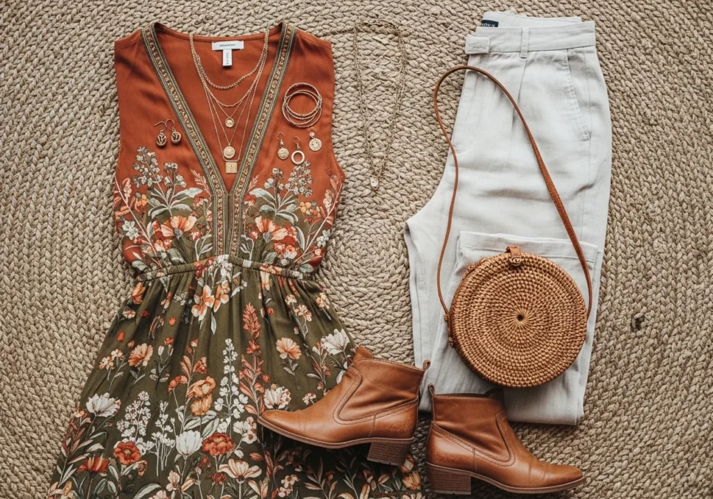 Boho outfits aesthetic wardrobe essentials flat lay on jute rug.